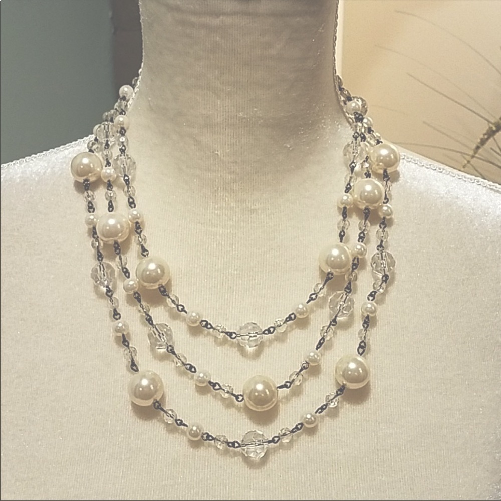VINTAGE INSPIRED Pearl multi-strand necklace. Faux pearls and clear beads